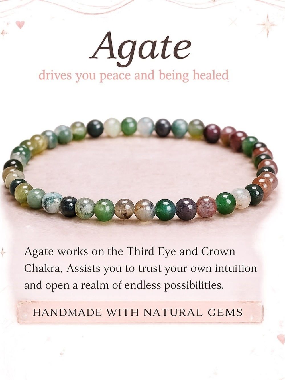 Agate Beaded Stretch Bracelet Green Tones Handmade Womens Jewelry Boho Gift New